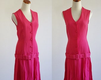 Vintage Disco Dress, Magenta Pink Sleeveless Dress, Drop Waist Dress, 70s Minidress, Pleated Minidress, Small Medium