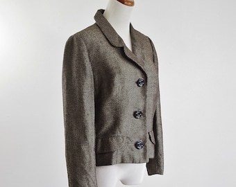 Vintage Womens 60s Jacket, 1960s Blazer, Brown and Black Dots, Sailor Buttons, Office Wear Preppy Jacket, Medium