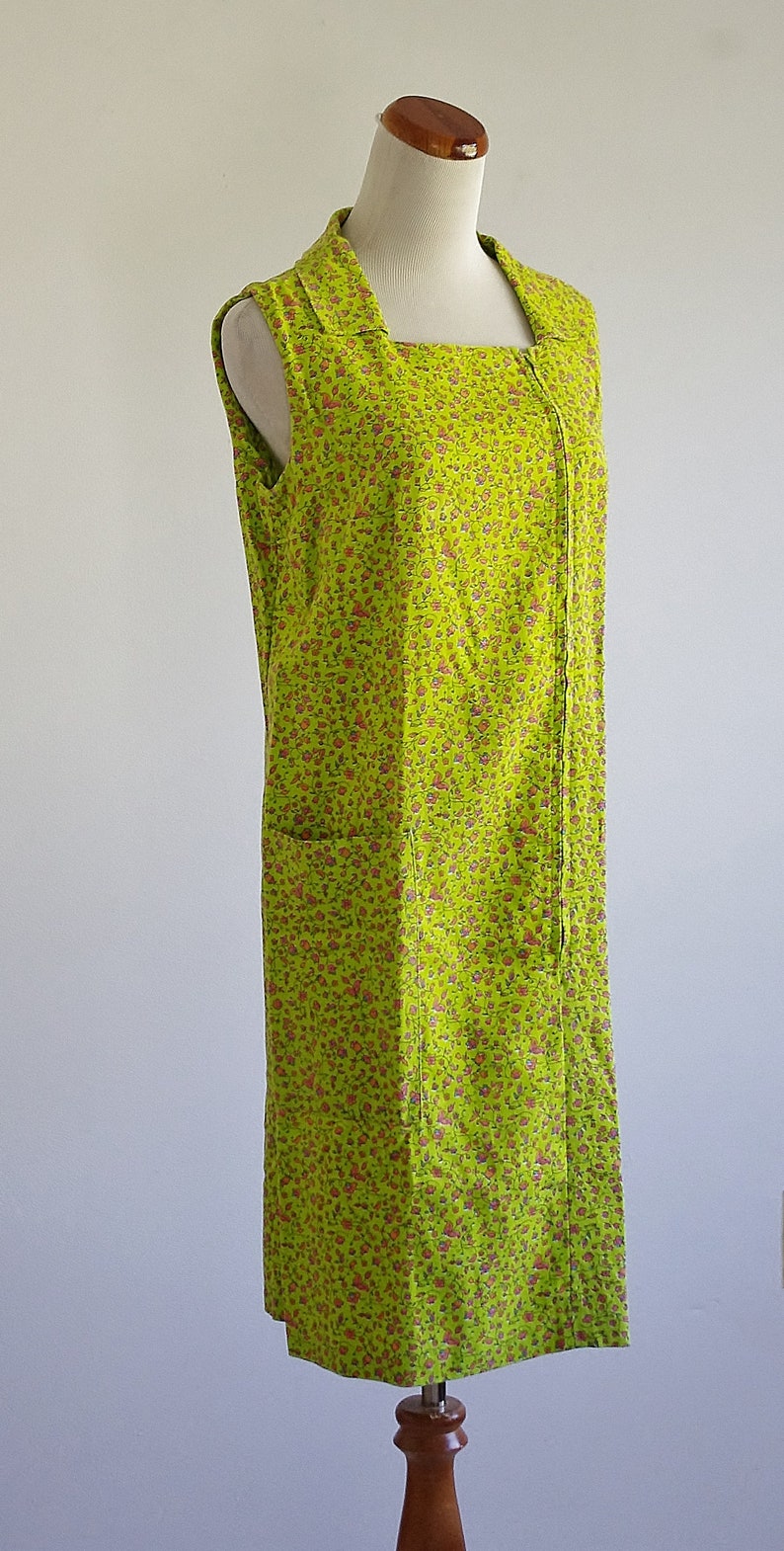 Vintage Liberty Print Dress, 60s Playdress, Floral Housedress, Lime Green Dress, Sleeveless Smock Dress, Zip Front Dress, Large image 5