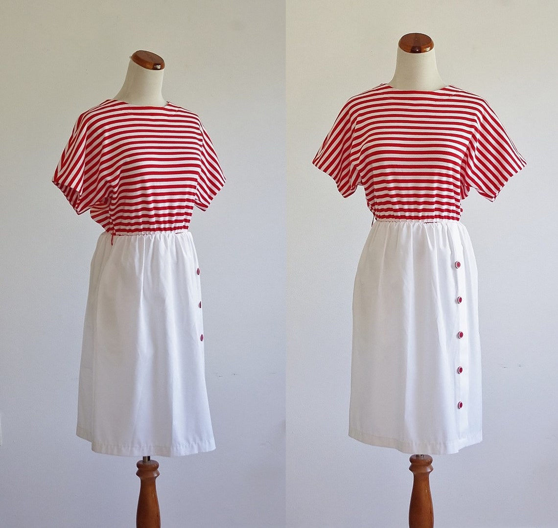 Vintage Red & White Striped Dress 80s Short Sleeve Dress - Etsy