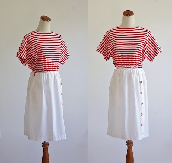 Vintage Red & White Striped Dress, 80s Short Slee… - image 1