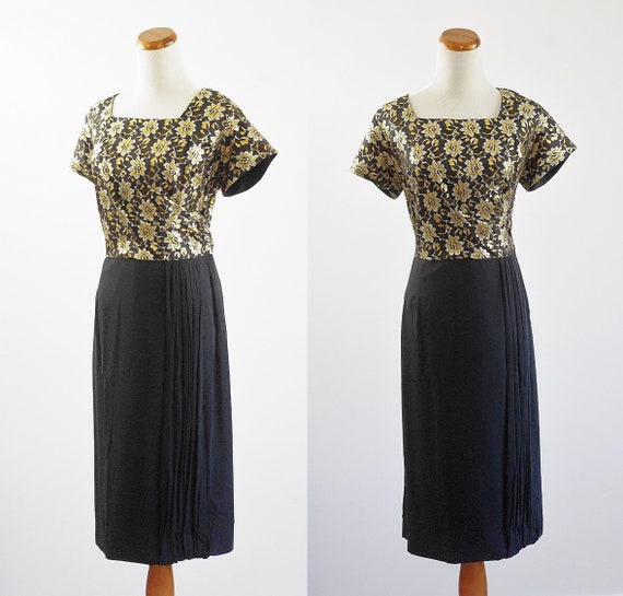 Vintage 50s Dress, 1950s Metallic Brocade Dress, B