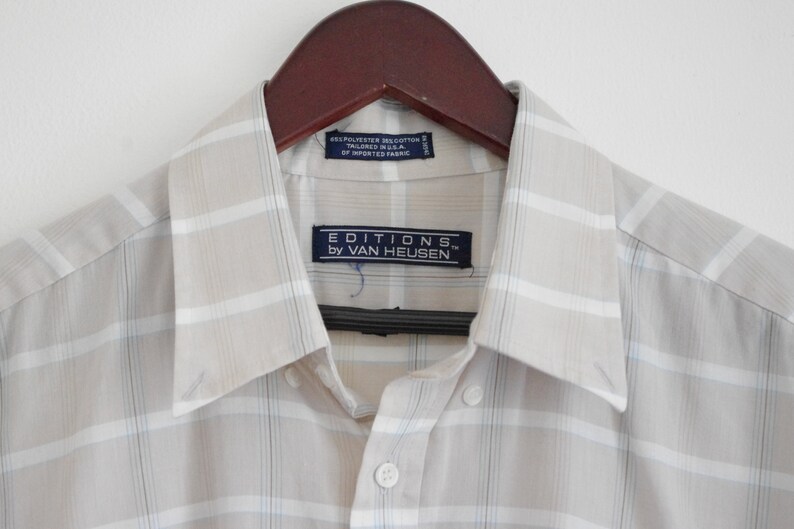 Vintage Van Heusen Shirt, 80s Mens Shirt, Mens Button Up Plaid Shirt, Short Sleeve Collared Shirt, 1980s Mens Shirt, Large XL XXL image 2