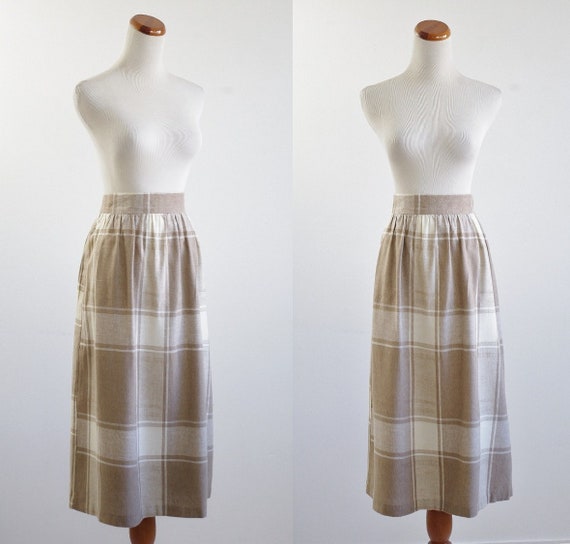 Vintage Women's Plaid Skirt 80s Skirt Beige Brown and | Etsy