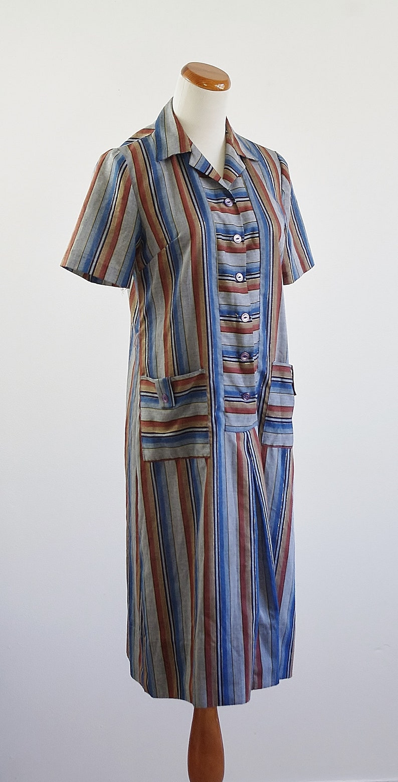 Vintage Shirtdress, Striped Dress, Collared House Dress, Short Sleeve Dress, Patch Pocket Dress, Medium image 6