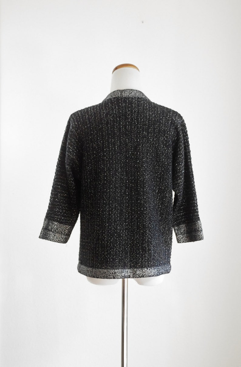 Vintage Cardigan Sweater, Black Silver Metallic Knit Sweater, 70s Sweater, Boxy Slouchy Sweater, Medium Large image 4