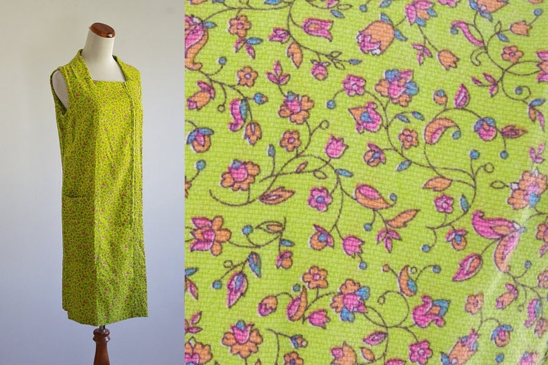 Vintage Liberty Print Dress, 60s Playdress, Floral Housedress, Lime Green Dress, Sleeveless Smock Dress, Zip Front Dress, Large image 1