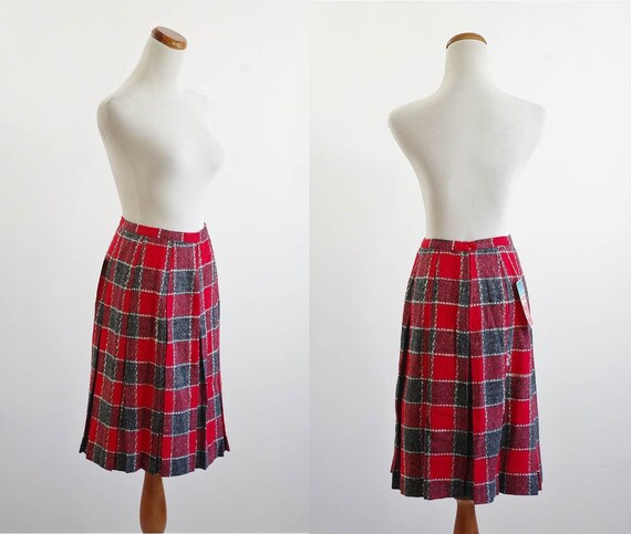 Vintage Plaid Skirt, 50s 60s Skirt, Red and Gray … - image 1