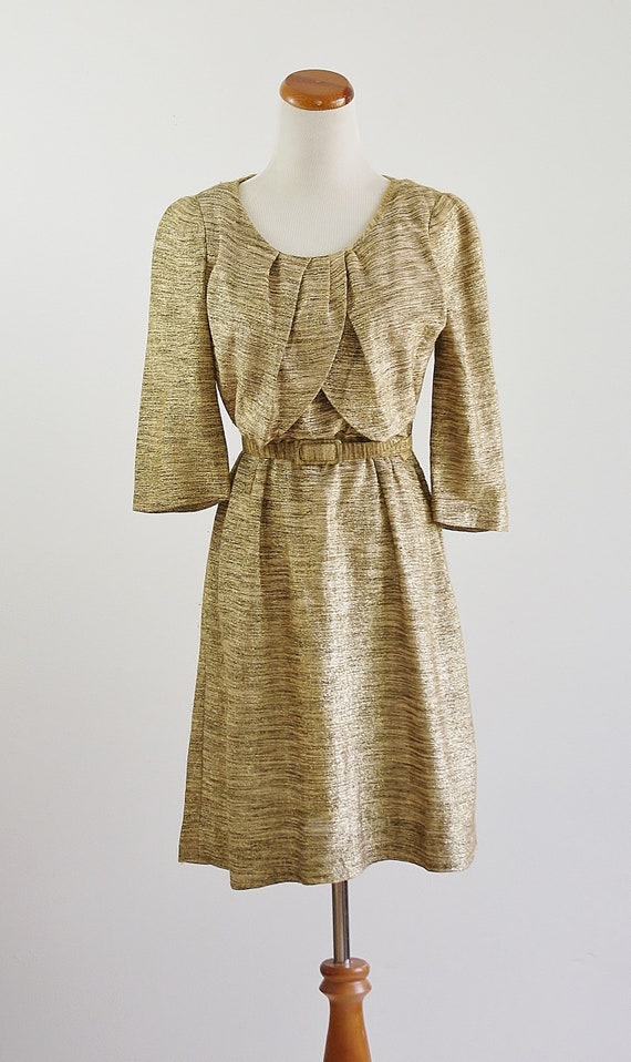 Vintage 40s 50s Dress, Metallic Gold Dress, 50s P… - image 3