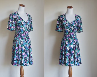 Vintage 80s Young Edwardian Dress, Floral Dress, Short Sleeve Dress, Basque Waist Dress, Full Skirt Dress, 80s Floral Dress, Large