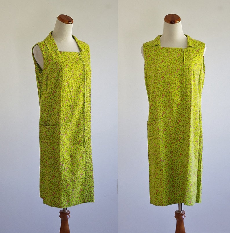 Vintage Liberty Print Dress, 60s Playdress, Floral Housedress, Lime Green Dress, Sleeveless Smock Dress, Zip Front Dress, Large image 2