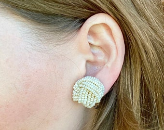 Vintage 60s Earrings, Pearl Cluster Earrings, Clip On Earrings, Beaded Knot Earrings, 1960s Jewelry