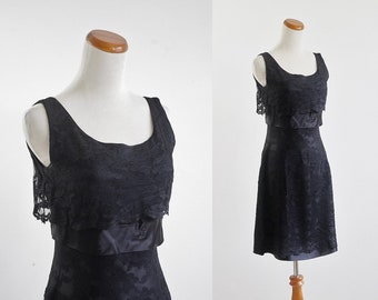 Vintage 60s Little Black Dress, Lace Minidress, 1960s Black Wiggle Dress, Sleeveless Cocktail Dress, LBD Small Medium