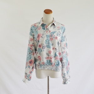 Vintage 80s Blouse, Blue & Pink Top, Metallic Floral with Polka Dots Blouse, Collared Blouse, Long Sleeve Blouse, Pullover Top, Large image 1