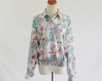 Vintage 80s Blouse, Blue & Pink Top, Metallic Floral with Polka Dots Blouse, Collared Blouse, Long Sleeve Blouse, Pullover Top, Large