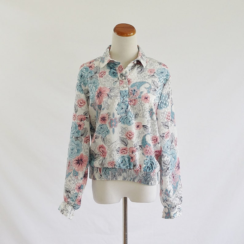 Vintage 80s Blouse, Blue & Pink Top, Metallic Floral with Polka Dots Blouse, Collared Blouse, Long Sleeve Blouse, Pullover Top, Large image 1