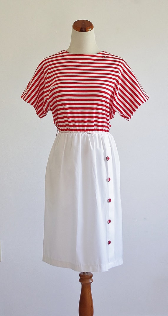 Vintage Red & White Striped Dress, 80s Short Slee… - image 2