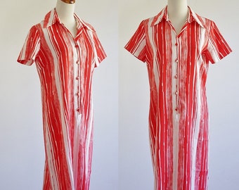 Vintage Collared Dress, 70s Shirtdress, Red Orange and White Shift Dress, Striped Dress, Short Sleeve Dress, Large