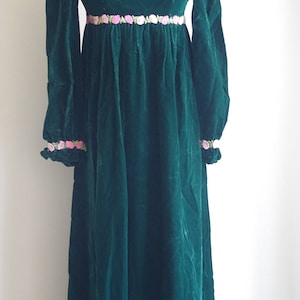 Vintage Velvet Dress, 60s 70s Dress, Forest Green Velvet Dress, Pink Rosette Trim, Long Sleeve Dress, Empire Waist Maxi Dress, Small XS