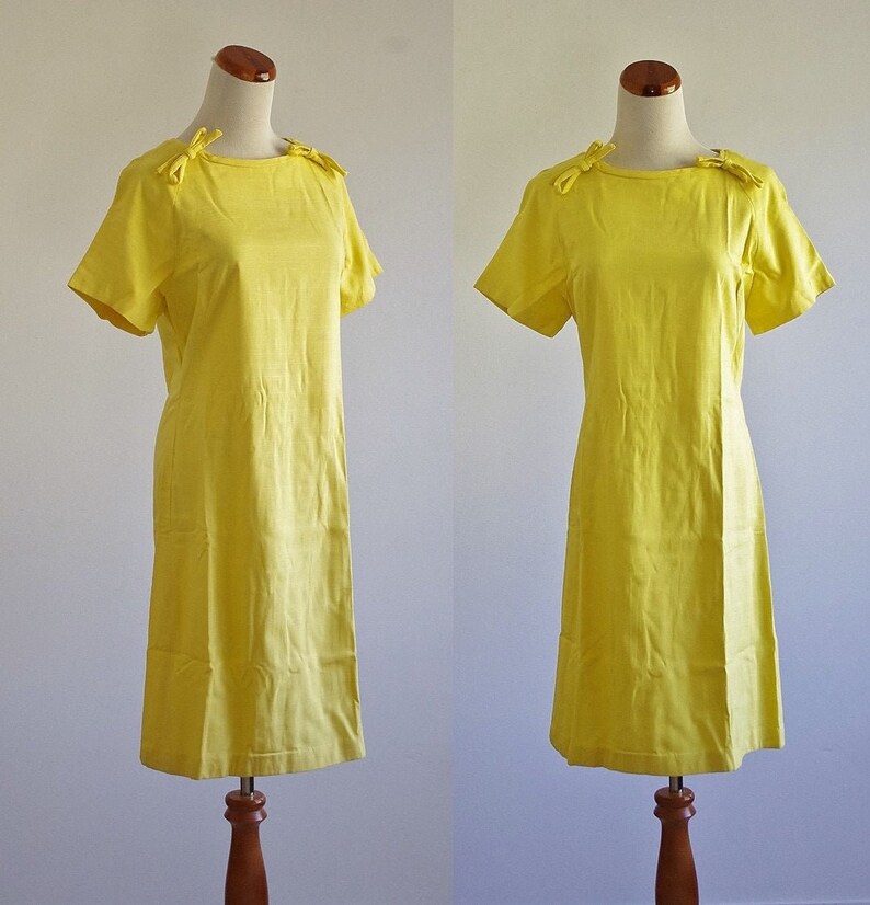 Vintage Yellow Shift Dress, 60s Dress, Mod Dress, Short Sleeve Dress, Medium Large image 1