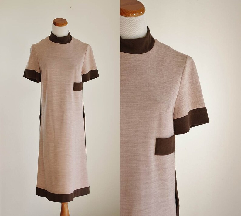 Vintage Womens Knit Dress, 60s Mod Dress, Short Sleeve Dress, Mock Turtleneck Shift Dress, Drop Waist Dress, Medium image 1