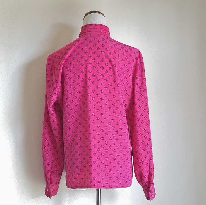 Vintage Pendleton Blouse, Pink Geometric Shirt, Turtleneck Blouse, Long Sleeve Secretary Shirt, Button Down Shirt, 80s Blouse, Large image 4