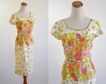 Vintage 60s Wiggle Dress, Floral Tulip Dress, Short Sleeve Dress, 1960s Cotton Dress, Scoop Neck Dress, Flower Garden Party Dress, Medium