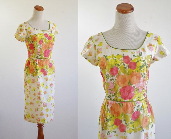 Vintage 60s Wiggle Dress Tulip Print Dress Short Sleeve | Etsy
