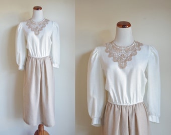 Vintage 80s Dress, Cream and Beige Color Block Dress, Lace Neckline, Puff Sleeves, Elastic Waist Dress, Medium Large