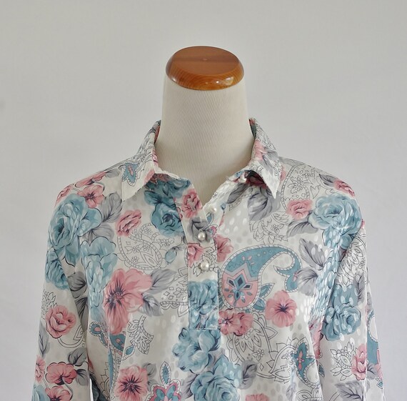 Vintage 80s Blouse, Blue & Pink Top, Metallic Flo… - image 3