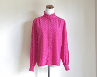 Vintage Pendleton Blouse, Pink Geometric Shirt, Turtleneck Blouse, Long Sleeve Secretary Shirt, Button Down Shirt, 80s Blouse, Large