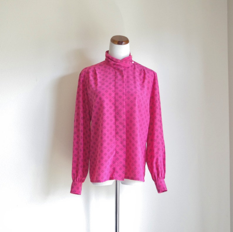 Vintage Pendleton Blouse, Pink Geometric Shirt, Turtleneck Blouse, Long Sleeve Secretary Shirt, Button Down Shirt, 80s Blouse, Large image 1
