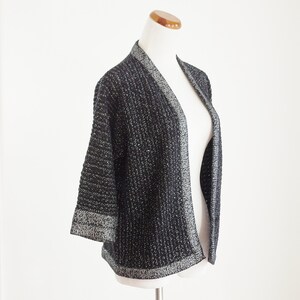 Vintage Cardigan Sweater, Black Silver Metallic Knit Sweater, 70s Sweater, Boxy Slouchy Sweater, Medium Large image 3