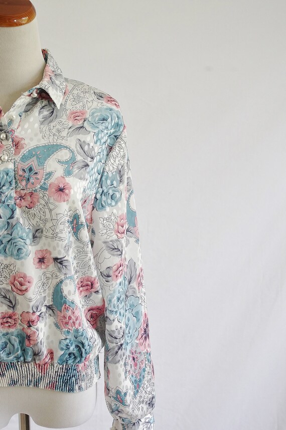 Vintage 80s Blouse, Blue & Pink Top, Metallic Flo… - image 2