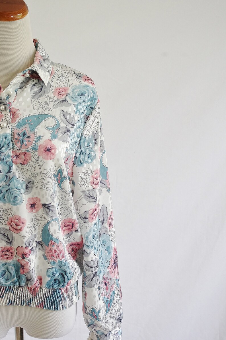 Vintage 80s Blouse, Blue & Pink Top, Metallic Floral with Polka Dots Blouse, Collared Blouse, Long Sleeve Blouse, Pullover Top, Large image 2