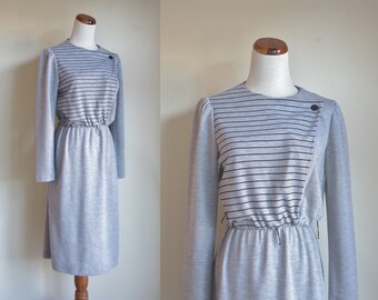 Vintage Jersey Dress, Gray Jersey Dress, Black Striped Dress, Long Sleeve Dress, Stripe Dress, 1980s Dress, 80s Winter Dress, Medium