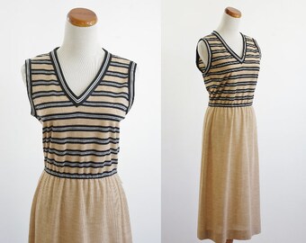 Vintage Knit Dress, Camel Brown and Black V Neck Striped Dress 70s Dress and Cardigan Set, Medium