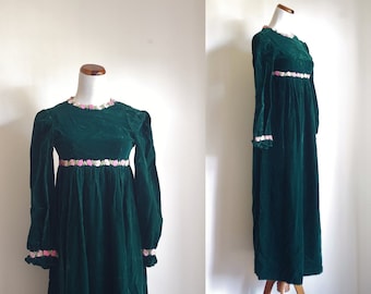 Vintage Velvet Dress, 60s 70s Dress, Forest Green Velvet Dress, Pink Rosette Trim, Long Sleeve Dress, Empire Waist Maxi Dress, Small XS
