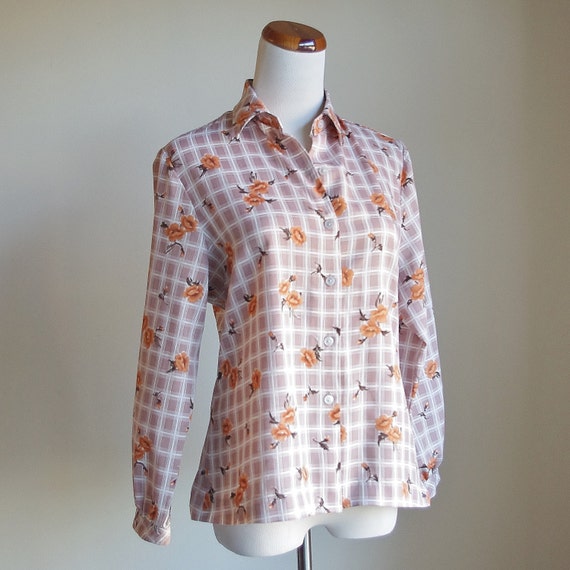 Vintage Collared Blouse, Button Down Shirt, Check… - image 1