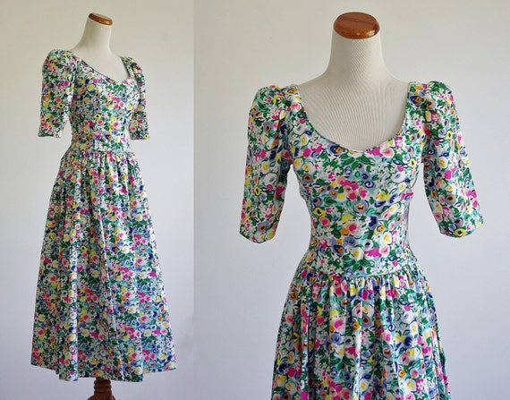 Items similar to Vintage 80s Prom Dress, Basque Waist Dress, Full Skirt ...