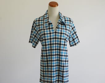 Vintage Plaid Shirt, Short Sleeve Top,  Collared Bouse, 70s Blouse, Blue and Black Checked Shirt, 1970s Preppy Shirt, Medium Large