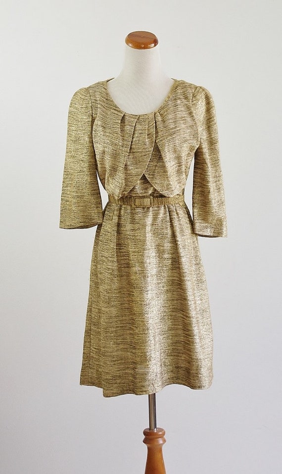 Vintage 40s 50s Dress, Metallic Gold Dress, 50s P… - image 2