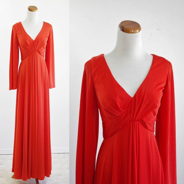 Vintage 70s Maxi Dress // Tangerine Orange Eva Gabor by Estevez Evening Dress // Large