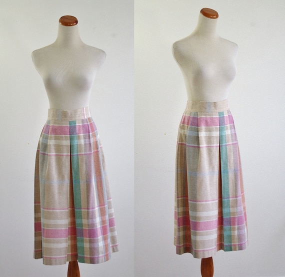 Vintage Pleated Skirt, Pastel Plaid 80s Skirt, 19… - image 1
