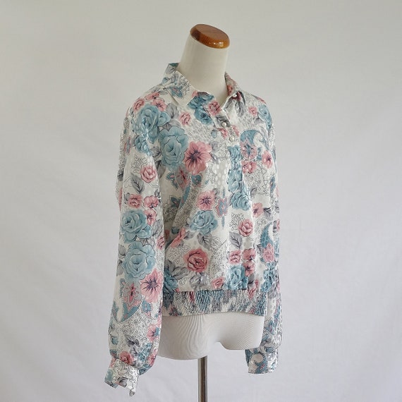 Vintage 80s Blouse, Blue & Pink Top, Metallic Flo… - image 4