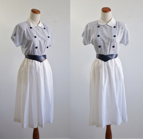 Vintage Nautical Dress, Blue and White Striped Dre