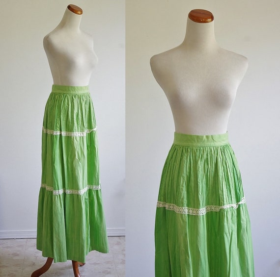 Vintage Boho Skirt 70s Maxi Skirt Green Skirt with Lace | Etsy