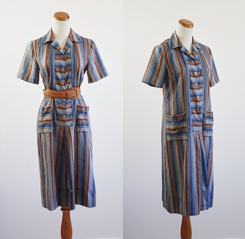 Vintage Shirtdress, Striped Dress, Collared House Dress, Short Sleeve Dress, Patch Pocket Dress, Medium image 1