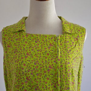 Vintage Liberty Print Dress, 60s Playdress, Floral Housedress, Lime Green Dress, Sleeveless Smock Dress, Zip Front Dress, Large image 4