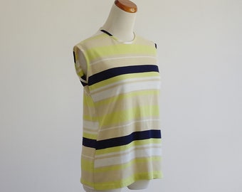 Vintage Striped Tank, Lime Green Navy Beige Shell Top,  60s 70s Sleeveless Blouse Shirt, Medium Large